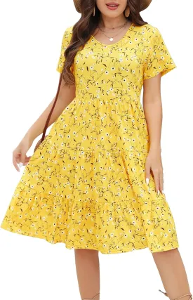 Women's Plus Size Casual Summer Tiered Dresses Short Sleeve Scoop Neck Ruffle Hem Loose Fitting Midi Babydoll Dress