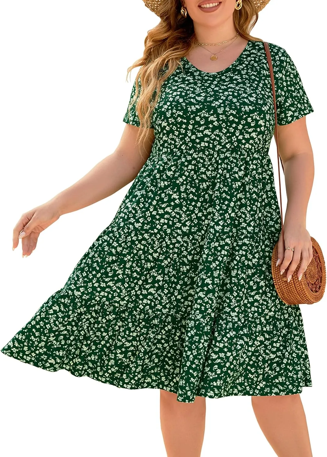 Women's Plus Size Casual Summer Tiered Dresses Short Sleeve Scoop Neck Ruffle Hem Loose Fitting Midi Babydoll Dress