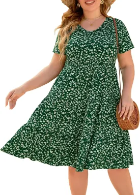 Women's Plus Size Casual Summer Tiered Dresses Short Sleeve Scoop Neck Ruffle Hem Loose Fitting Midi Babydoll Dress