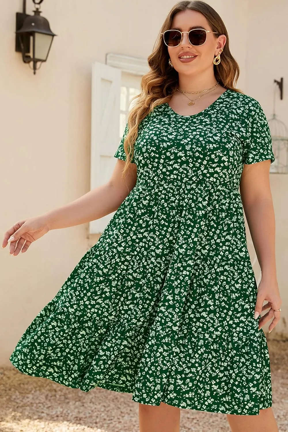 Women's Plus Size Casual Summer Tiered Dresses Short Sleeve Scoop Neck Ruffle Hem Loose Fitting Midi Babydoll Dress