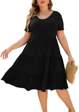 Women's Plus Size Casual Summer Tiered Dresses Short Sleeve Scoop Neck Ruffle Hem Loose Fitting Midi Babydoll Dress