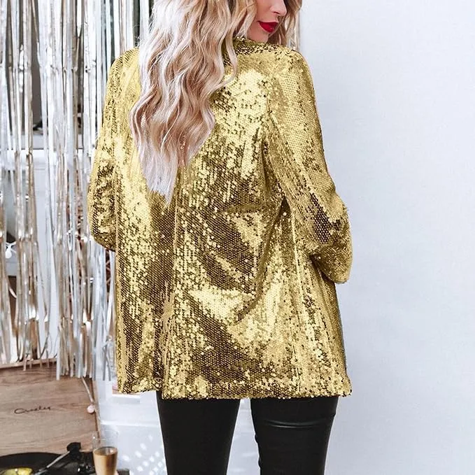 Women's Sequin Blazer Party Lapel Collar, Event Wedding Long Sequin Blazer Jacket, Disco Sequin Coat Multicolor