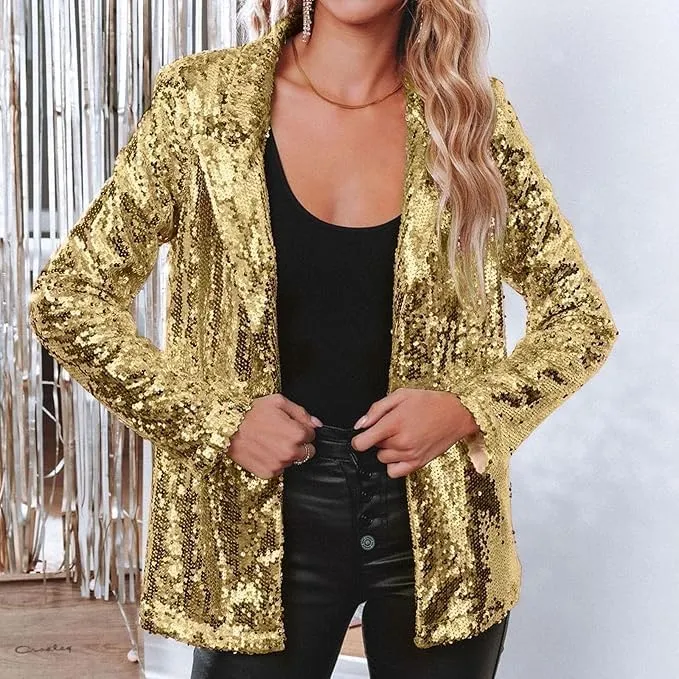 Women's Sequin Blazer Party Lapel Collar, Event Wedding Long Sequin Blazer Jacket, Disco Sequin Coat Multicolor