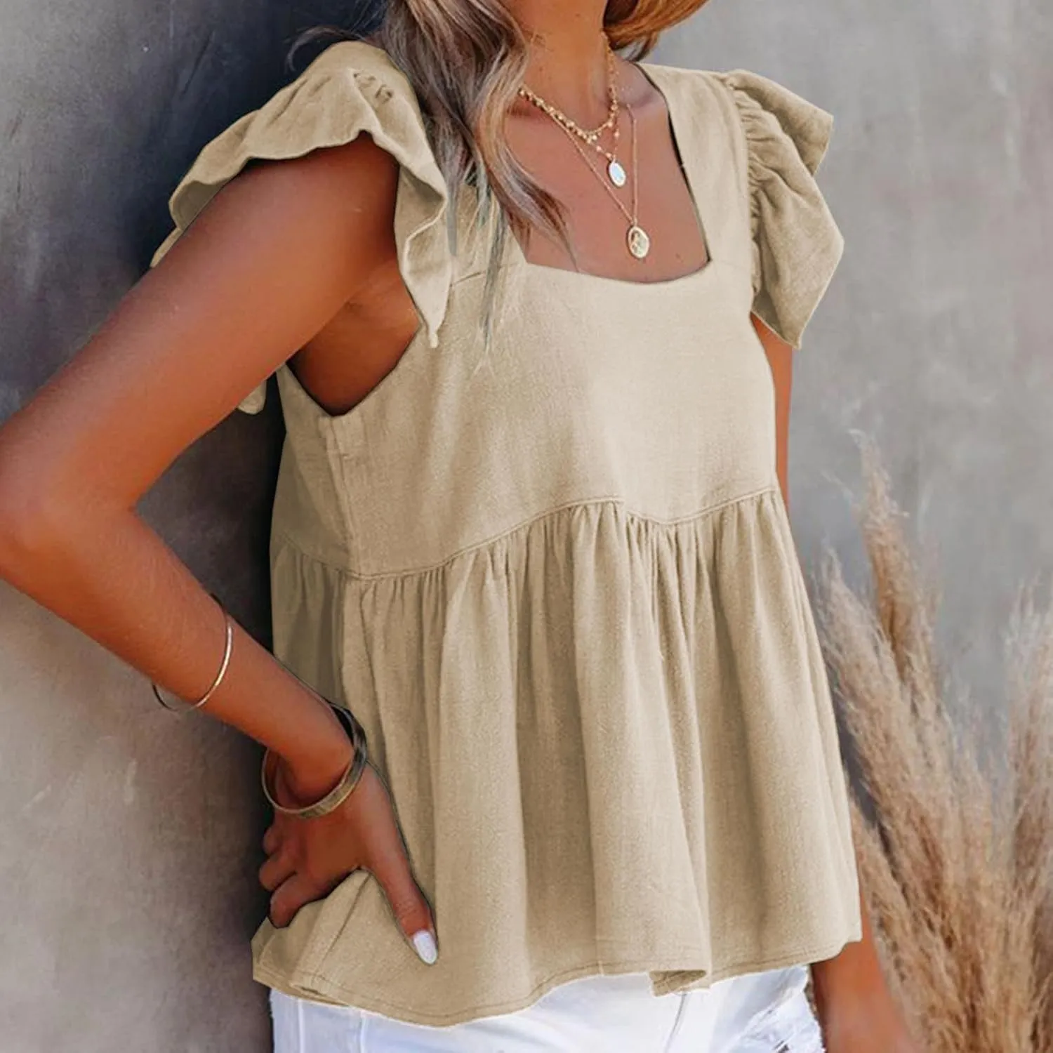Women's Smocked Peplum Tops Solid Color Cute Square Neck Ruffle Sleeveless Shirts Casual Fashion Loose Fit Blouse