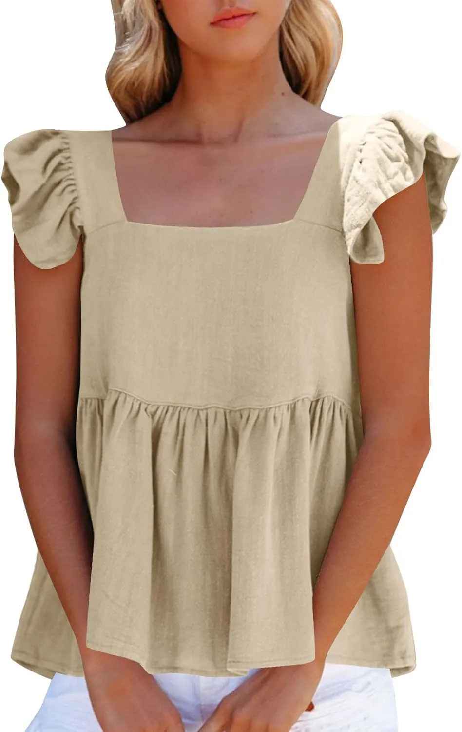 Women's Smocked Peplum Tops Solid Color Cute Square Neck Ruffle Sleeveless Shirts Casual Fashion Loose Fit Blouse