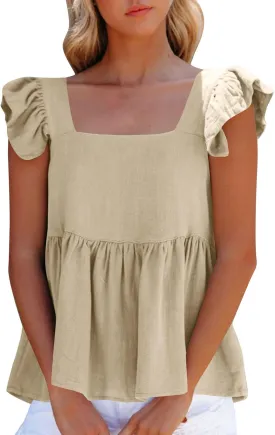 Women's Smocked Peplum Tops Solid Color Cute Square Neck Ruffle Sleeveless Shirts Casual Fashion Loose Fit Blouse