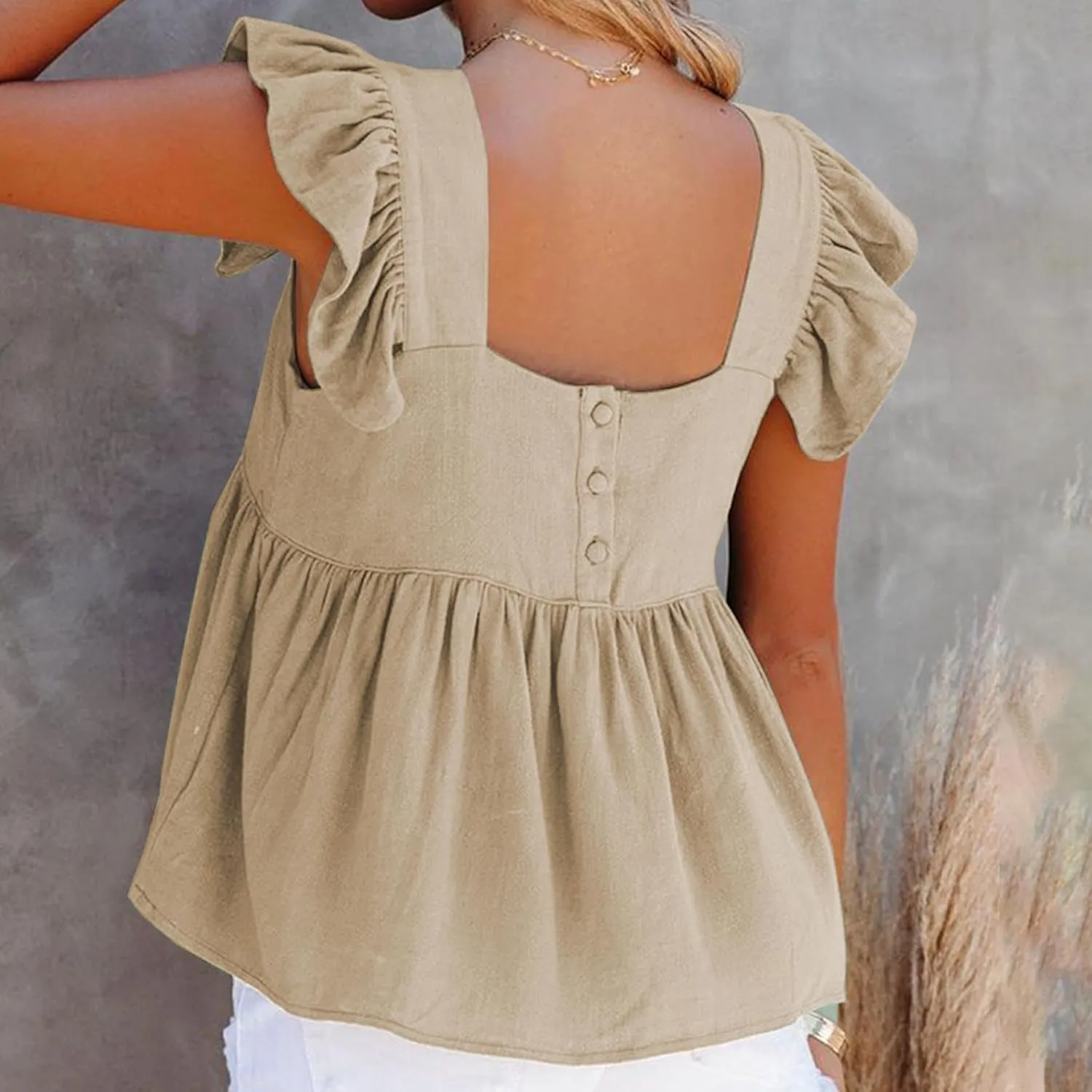 Women's Smocked Peplum Tops Solid Color Cute Square Neck Ruffle Sleeveless Shirts Casual Fashion Loose Fit Blouse