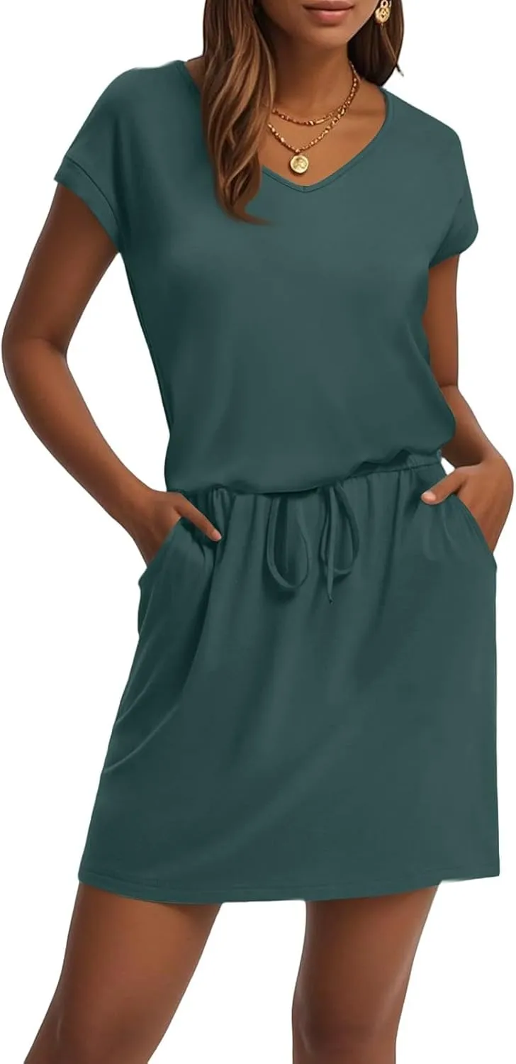Womens Summer Dresses V Neck Short Sleeve Tshirt Dress Drawstring Cinched Waist Mini Dress A Line Casual Dresses 2025