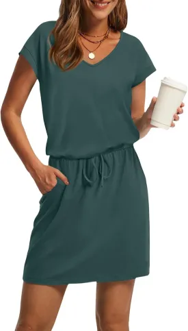 Womens Summer Dresses V Neck Short Sleeve Tshirt Dress Drawstring Cinched Waist Mini Dress A Line Casual Dresses 2025