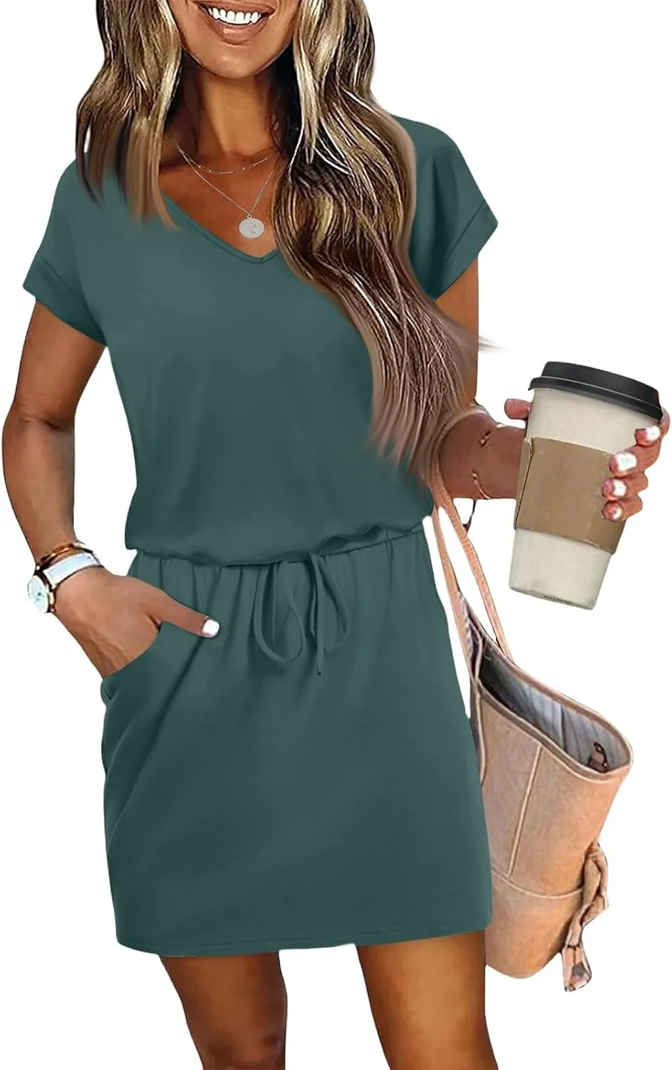 Womens Summer Dresses V Neck Short Sleeve Tshirt Dress Drawstring Cinched Waist Mini Dress A Line Casual Dresses 2025