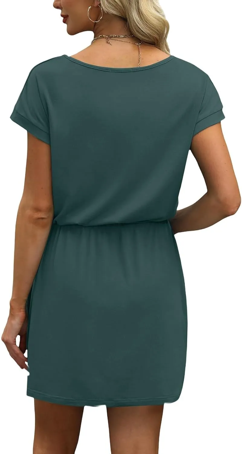 Womens Summer Dresses V Neck Short Sleeve Tshirt Dress Drawstring Cinched Waist Mini Dress A Line Casual Dresses 2025