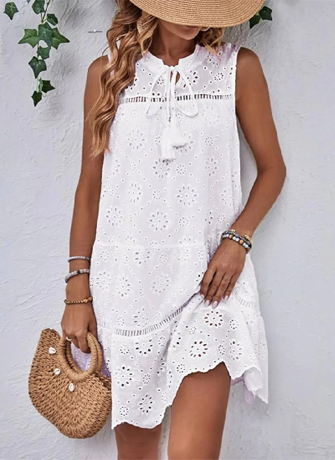 Women's White Solid Sleeveless Crewneck Eyelet Mini Dress with Tie Front Detail Elegant Casual Wear 2025 Summer Fashion
