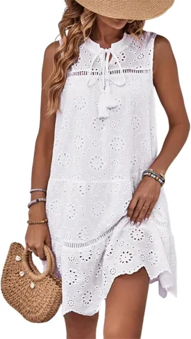 Women's White Solid Sleeveless Crewneck Eyelet Mini Dress with Tie Front Detail Elegant Casual Wear 2025 Summer Fashion