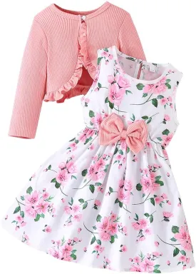 Yanmucy 2PCS Little Toddler Girls Dress with Cardigan Floral Dresses Ruffle Shrug Sweaters Spring Full Clothes for 2-8 Years