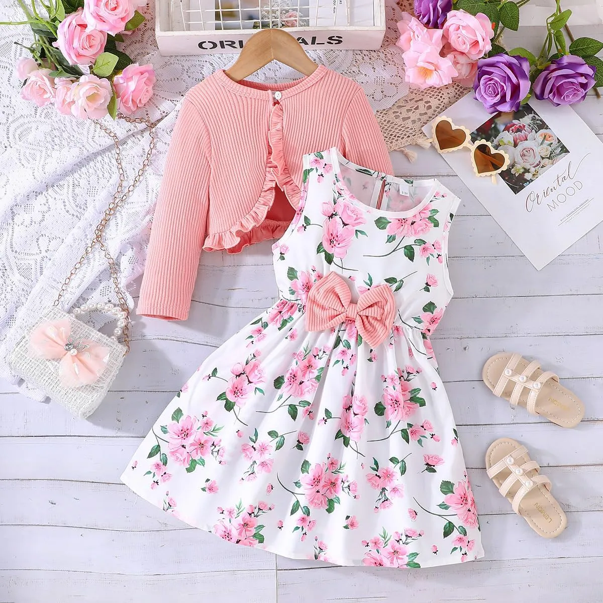 Yanmucy 2PCS Little Toddler Girls Dress with Cardigan Floral Dresses Ruffle Shrug Sweaters Spring Full Clothes for 2-8 Years