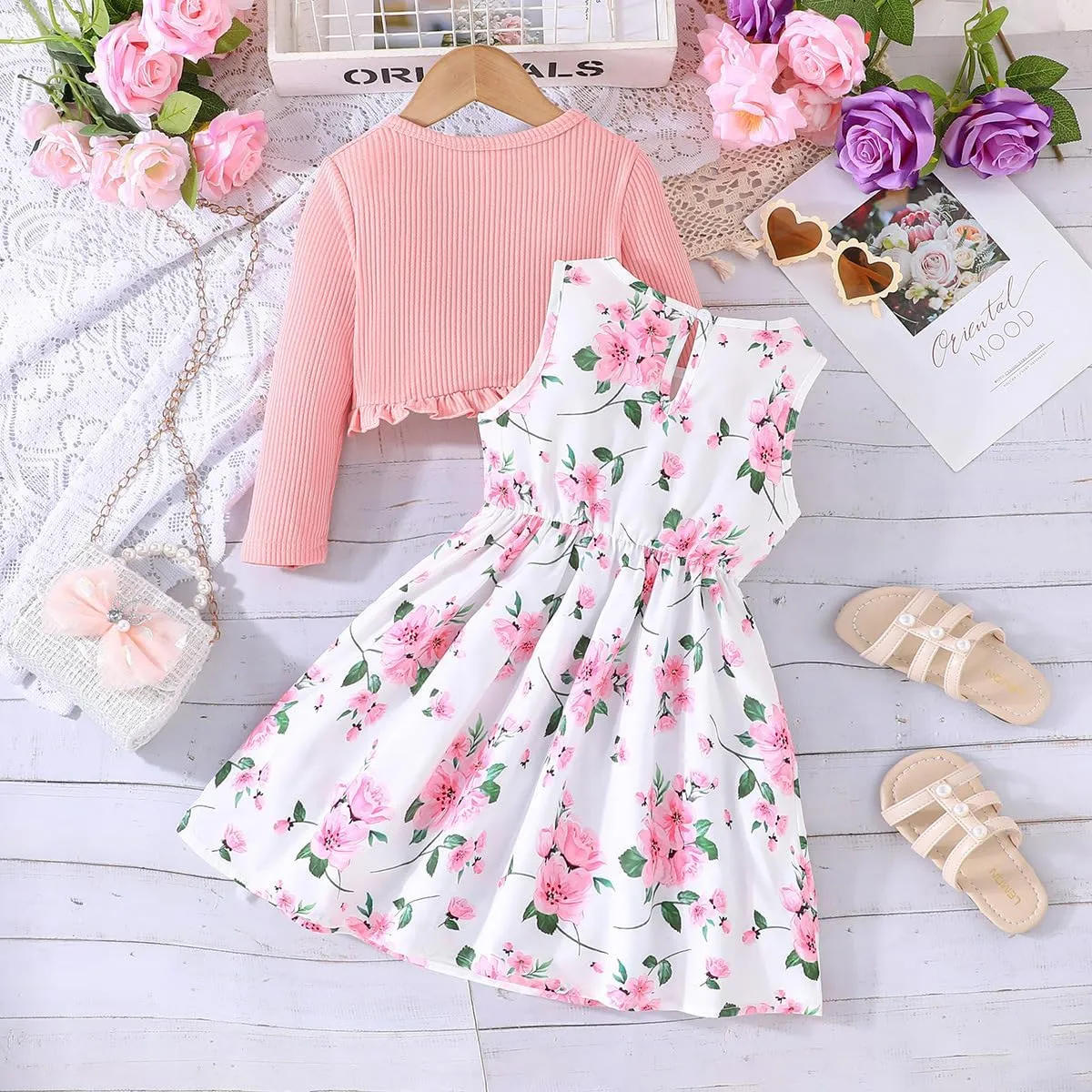 Yanmucy 2PCS Little Toddler Girls Dress with Cardigan Floral Dresses Ruffle Shrug Sweaters Spring Full Clothes for 2-8 Years